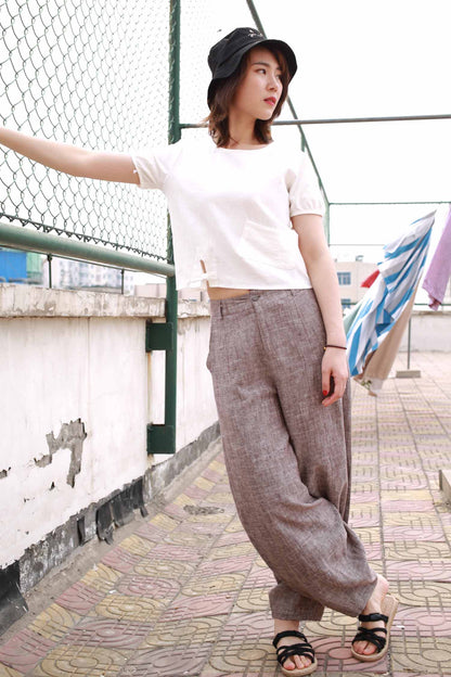 Dusty Mauve Ankle Length Linen Cotton Tapered Pants 2169