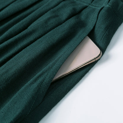 Green Linen Maxi Skirt - A-Line Pleated with Pockets 2536