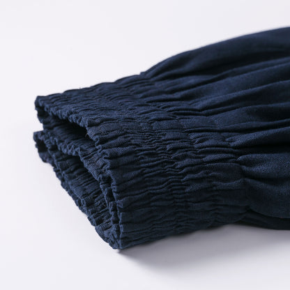 Blue Linen Cotton Maxi Skirt - High Waist Pleated Swing with Pockets 2532