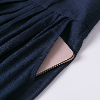 Blue Linen Cotton Pleated Maxi Skirt - High Waist | Xiaolizi 2531