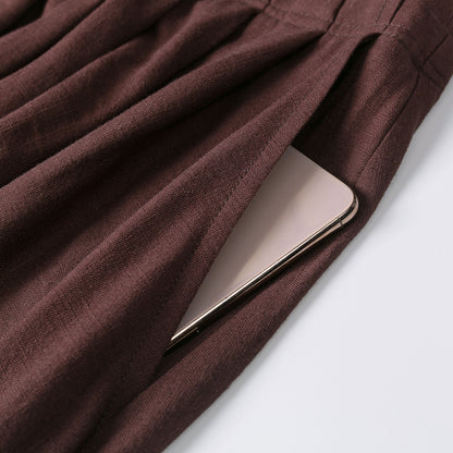 Brown A -Line Swing Pleated Linen Maxi Skirt  2539