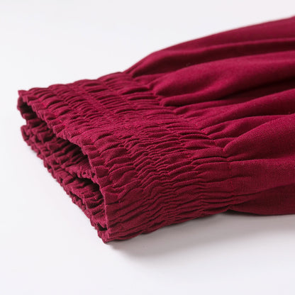Red Linen Cotton Long Pleated Swing Skirt with Pockets 2021146