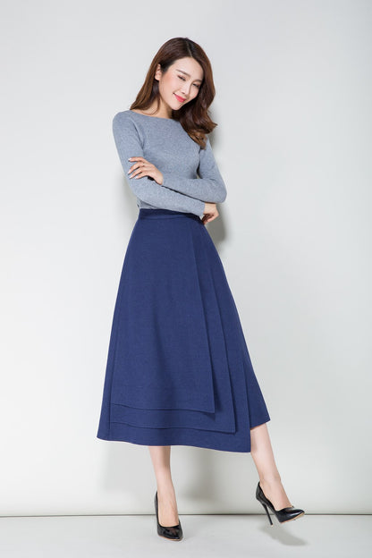 Blue Wool Midi Skirt - Tiered Layered Elegant Silhouette 1712