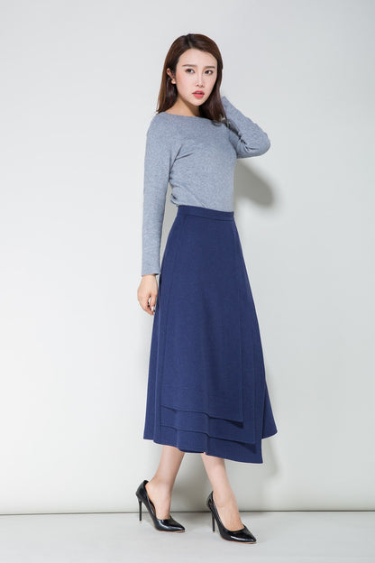 Blue Wool Midi Skirt - Tiered Layered Elegant Silhouette 1712