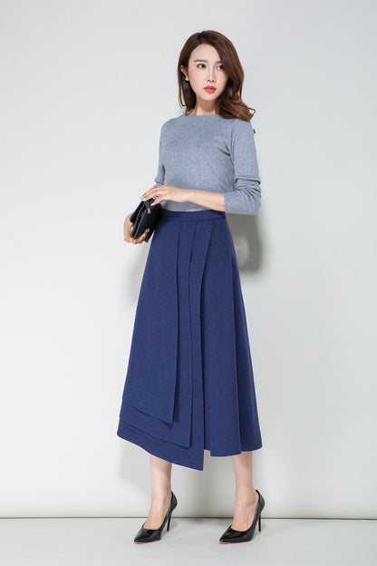 Blue Wool Midi Skirt - Tiered Layered Elegant Silhouette 1712