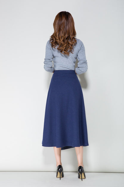 Blue Wool Midi Skirt - Tiered Layered Elegant Silhouette 1712
