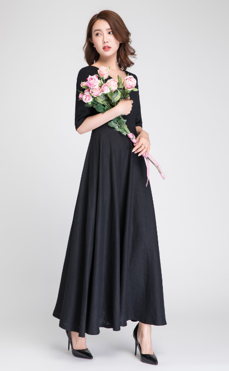 Black Linen Maxi Dress with V-Neck and Fitted Waist Xiaolizi Black Linen Maxi Dress with V-Neck and Fitted Waist Xiaolizi
