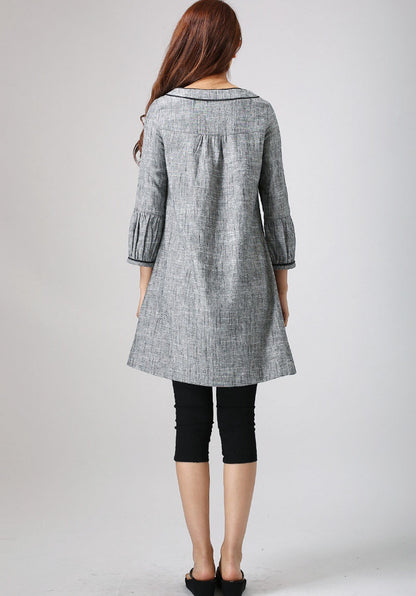 Grey Linen Cotton Tunic Dress – Women’s Loose Fit Long Sleeve Casual Dress 0783