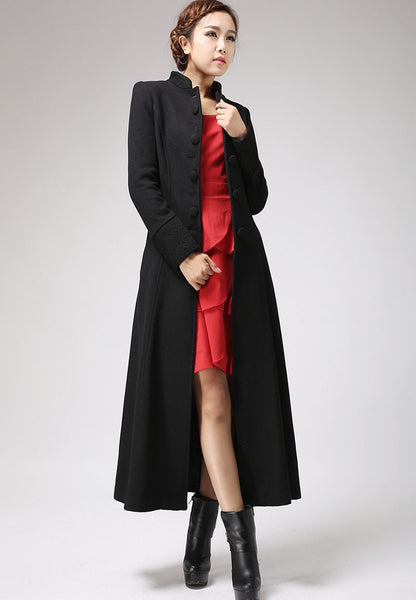 Handmade Black Wool Maxi Coat – Elegant Mandarin Collar Winter Overcoat with Belt | Xiaolizi  0717