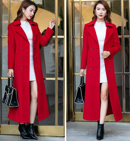 Wool Blend A-Line Coat – Vintage Double-Breasted Midi Winter Overcoat 246101