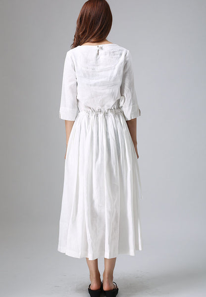 White Linen Cotton Maxi Dress - Pleated Front with Adjustable Waist 803
