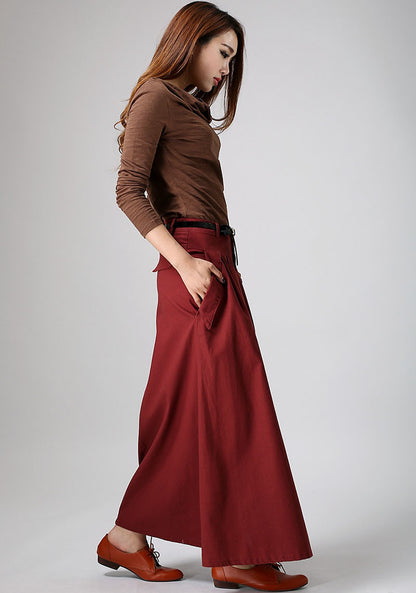 Red Linen Blend Maxi Skirt - Pleated Waist with Flap Pockets 901