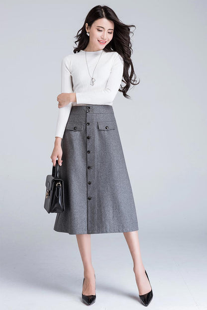 Black Wool Midi Skirt - A-Line High Waist Silhouette S012