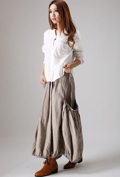 Grey Linen Maxi Skirt - Pleated with Side Pockets 866