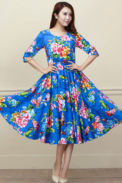 Peony Print Linen Midi Dress - High Waist Pleated Swing | Xiaolizi 3421