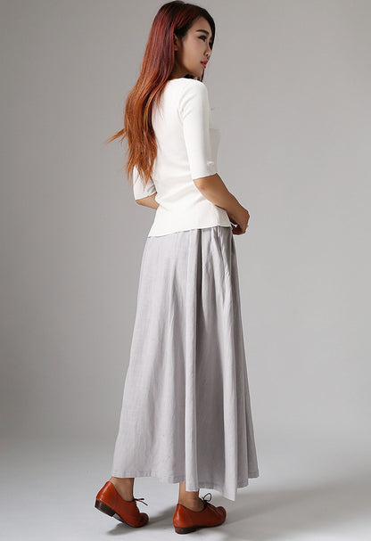 Gray Linen Cotton Maxi Skirt - A-Line Pleated Side Pockets | Xiaolizi 1041