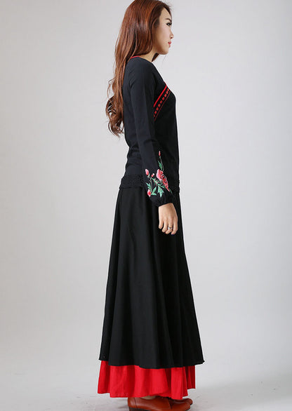 Black Linen Maxi Skirt - High Waist Pleated with Red Layered Hem 2202865797