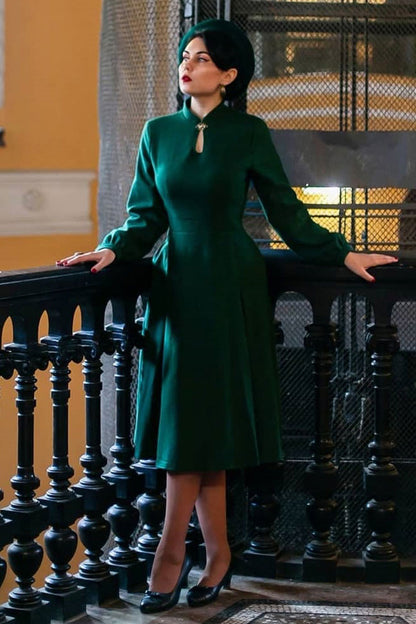Vintage Inspired Green Midi Wool Dress 3385