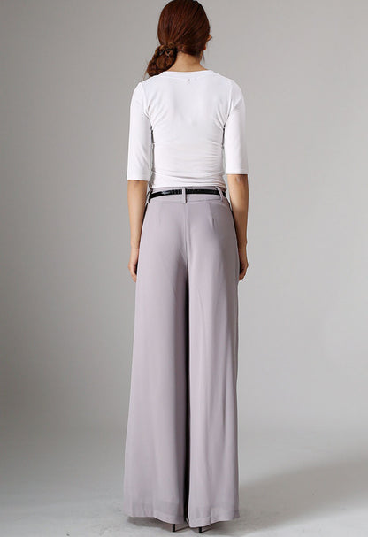 Grey Maxi Chiffon Pants - Wide Leg, Front Zipper 977