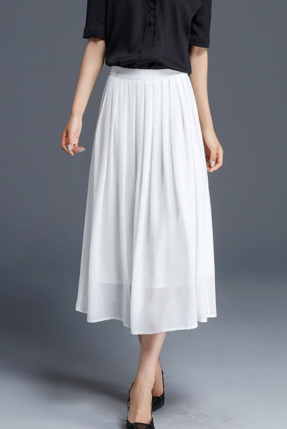 White Chiffon Midi Circle Skirt - Soft Pleated Swing 2901
