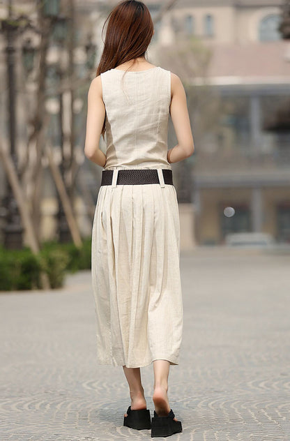 Beige Linen-Cotton Sleeveless Maxi Dress - Pleated Drop Waist 931