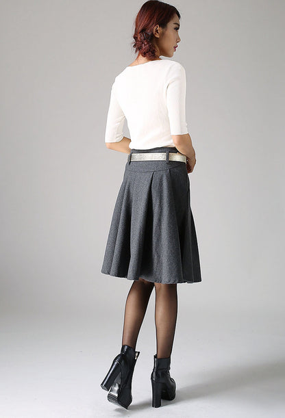 Dark Gray Wool Skirt – Vintage Fit and Flare Pleated Knee-Length Skirt 1099