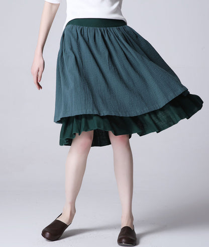 Green Linen Midi Skirt - Flared Silhouette with Layered Hem 1189