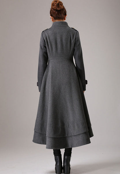 Gray Wool Swing Coat - Vintage High Collar, Asymmetrical Hem 761