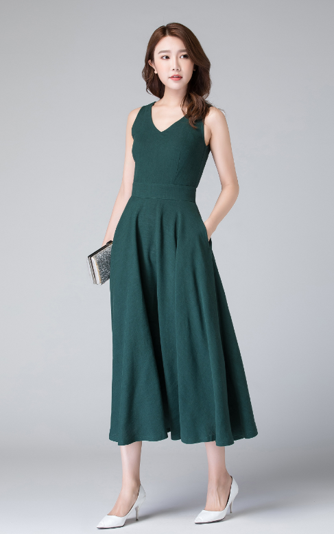 Handmade Green Linen Maxi Dress Sleeveless V-Neck Fit & Flare | Xiaolizi 1905 Forest Green / Custom order Handmade Green Linen Maxi Dress Sleeveless V-Neck Fit & Flare | Xiaolizi 1905 Forest Green / Custom order