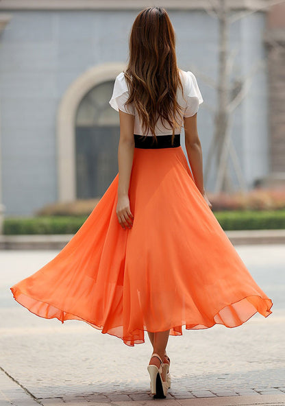 Orange Chiffon Maxi Dress - Elegant Sleeve, Fitted Waist 926