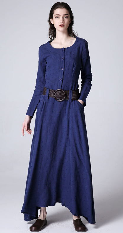 Blue Linen Maxi Dress - Long Sleeve, Round Collar, Casual Elegance 1183