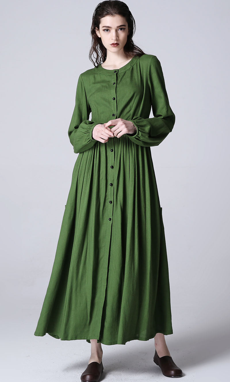 Forest Green Linen Maxi Dress Long Sleeve Formal Gown | Xiaolizi Forest Green Linen Maxi Dress Long Sleeve Formal Gown | Xiaolizi