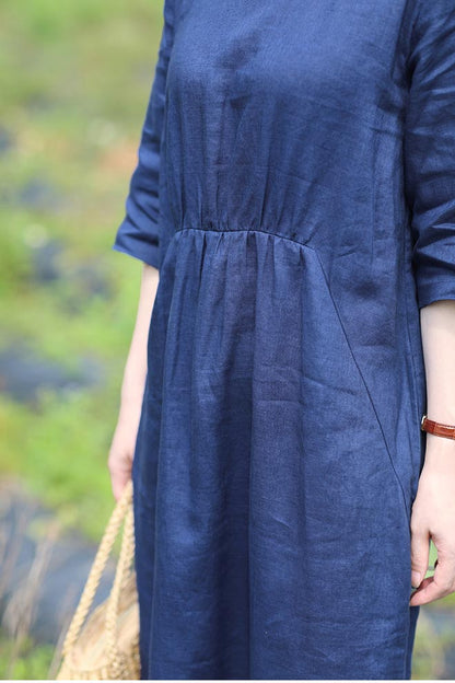 Navy Linen Midi Dress - Loose Waist with Mid Sleeves CYM371