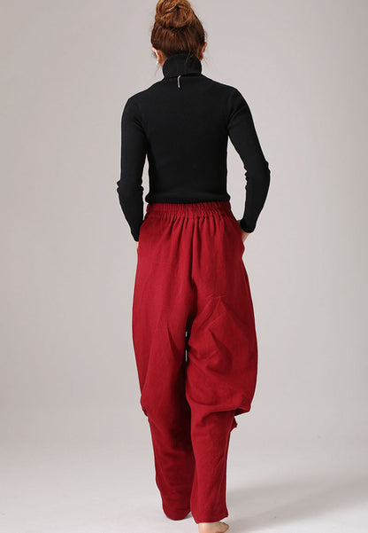 Red Linen Pleated Maxi Pants - Elastic Waist, Casual Comfort 774
