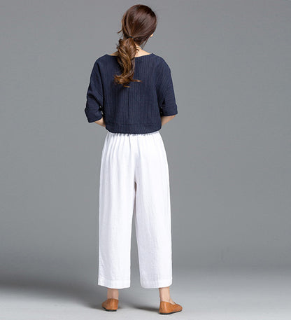 White Linen Wide Leg Pants - Elastic Waist, Above Ankle Length 2610