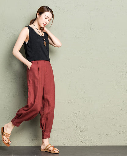 Rust Red Linen Cotton Wide Leg Pants - Back Elastic Waist Comfort 2607