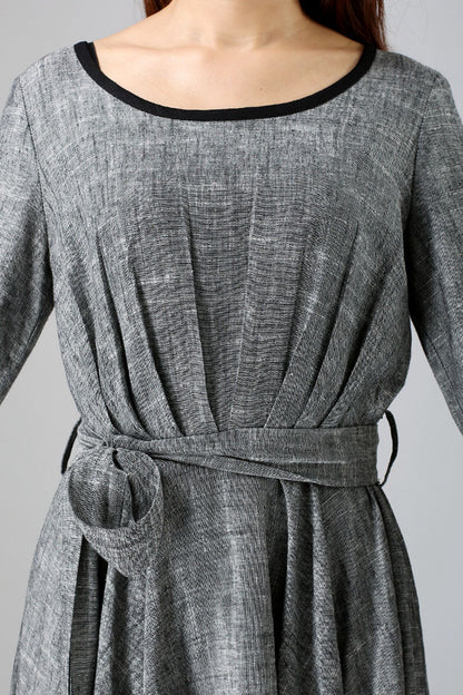 Gray Linen Maxi Dress - A-Line with Long Sleeves and Waist Belt 792