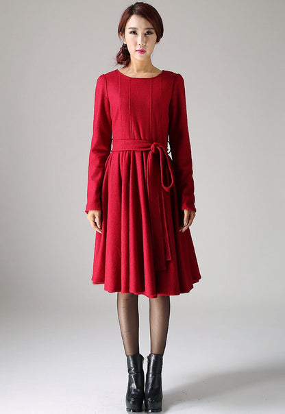 Red Wool Blend Midi Dress - Pleated Skirt with Tie Waist 1082