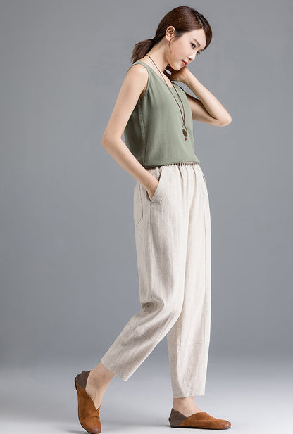 Navy Linen Cotton Ankle Pants - Elastic Waist Relaxed Fit 2504