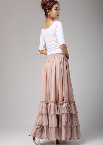 Handmade Pink Chiffon Long Skirt – Romantic Layered Summer Maxi for Women  0663