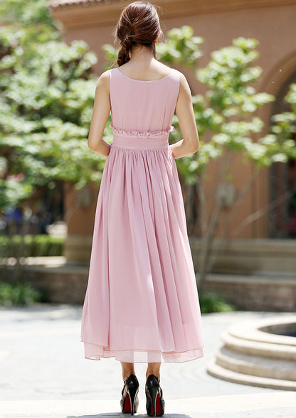 Pink Chiffon Maxi Dress - Sleeveless, Round Neck, Elegant Waist Detail 1008