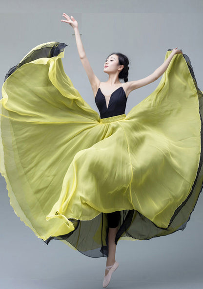 Yellow Chiffon Big Swing Midi Skirt - Reversible Elastic Waist 2928
