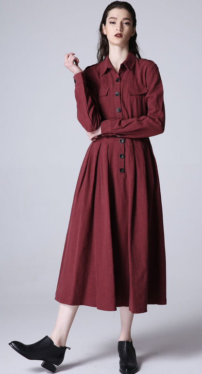 Red Linen Maxi Dress - Button Front, Long Sleeve 1170