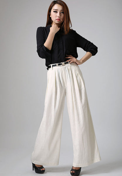 White Linen Cotton Palazzo Pants - Wide Leg Ankle | Xiaolizi 0916