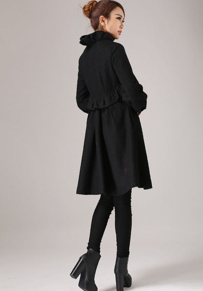 Vintage Wool Coat for Women – Handmade Black A-Line Winter Coat with Ruffle Shoulders | Xiaolizi 0775