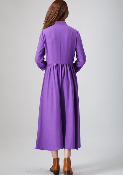 Purple Linen Maxi Dress - Long Sleeve, Button-Front Elegance 799