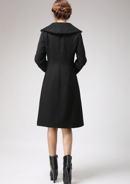Handmade Black Wool Coat – Vintage Midi Winter Overcoat with Pockets | Xiaolizi 712
