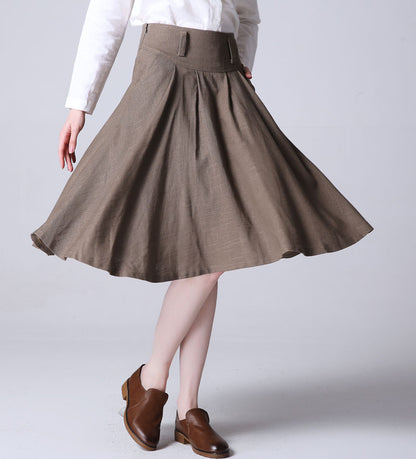 Beige Linen Midi Skirt - Pleated, Wide Waistband 1193