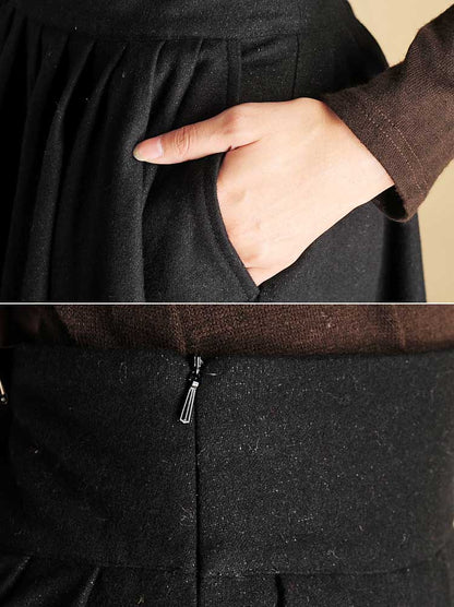 Black Wool Blend Pleated Midi Skirt - Full Circle, Wide Waistband 442