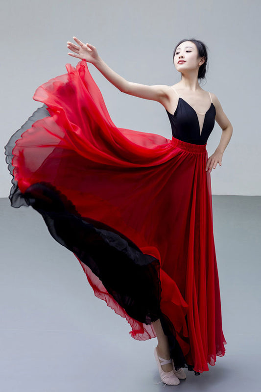 Red Chiffon Reversible Maxi Skirt - Big Swing, Elastic Waistband 2927
